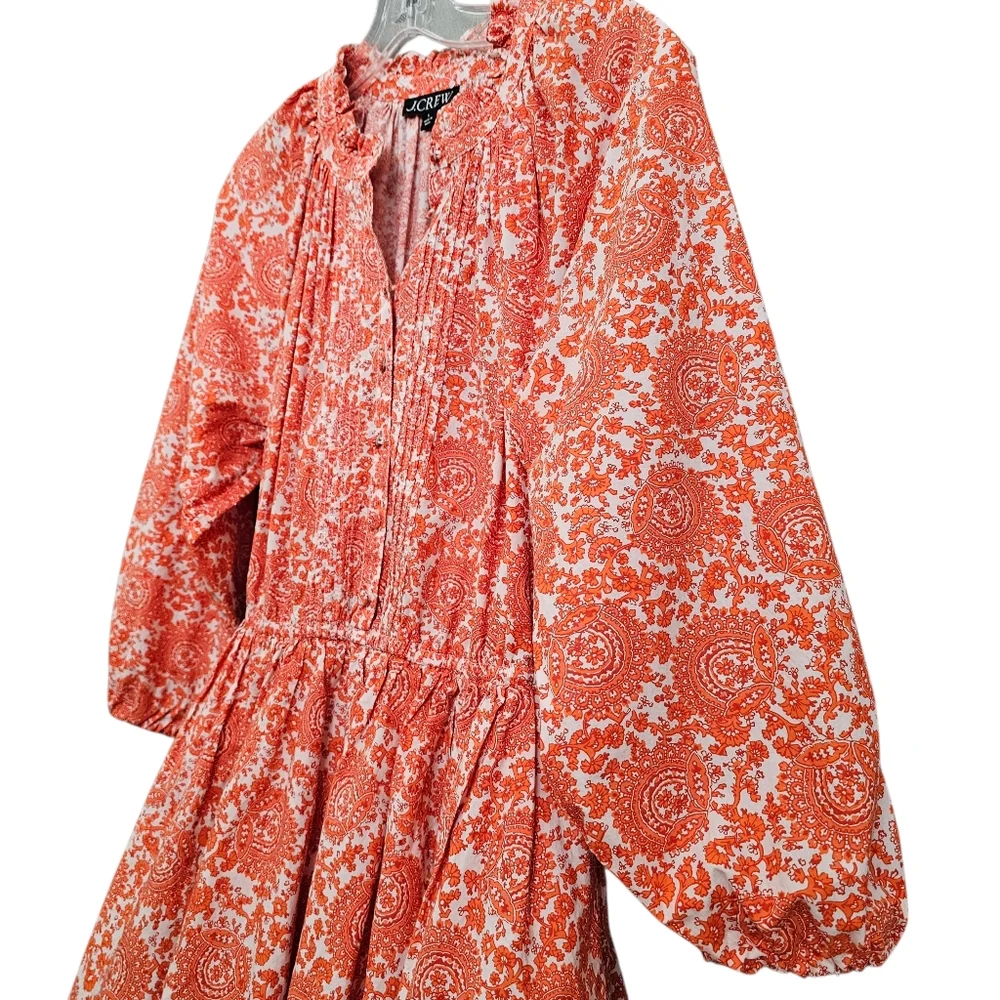 Nwot J.Crew Orange White Floral LS Ruffled Neck Fit/Flare Button Front  Dress